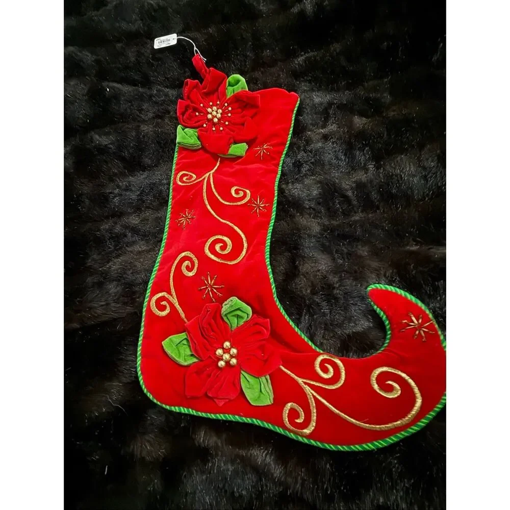 New Christmas Red Velvet Pier 1 One elf long stocking Poinsettia